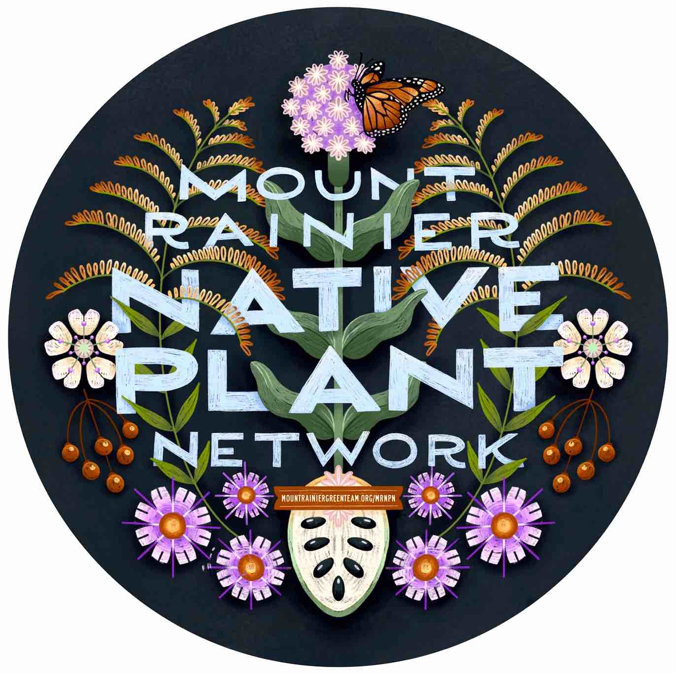 Mount Rainier Native Plant Network: colorful signage with flowers, plants and a butterfly